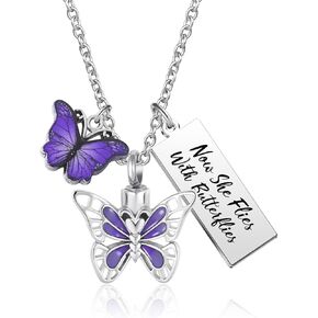 YSAHan Purple Butterfly Cremation Urn Necklace for Ashes Keepsake Memorial Jewelry Engraved Now She Flies with Butterflies