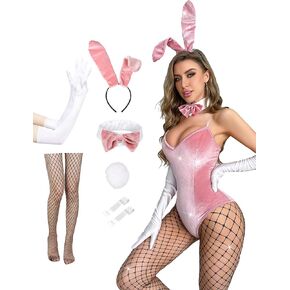 Angelaicos Womens Bunny Costume Set Senpai Cosplay Halloween Roleplay Bodysuit Stockings