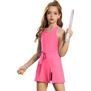 Girls Sleeveless Tennis Dress Tank Top Skorts Skirts High Waist Side Slit Outfit Athletic Sets with Shorts Pockets