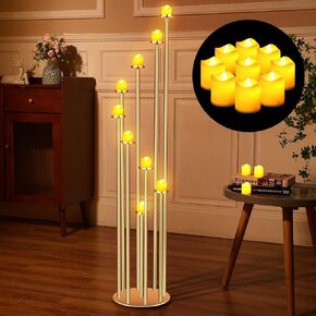 Tandefio Gold Floor Candelabra 9 ذراع عمود الشمعة حامل المعادن 46.26 بوصة شمعة الطول مع 12 شمعة نذرة خواص الصمود طويل الشموع لزخارف الحفلات