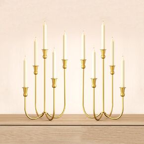 Baoz 2Pcs Iron Tabletop Candelabra, 5 Arms Gold Candelabra Decorative Metal Candle Holder for French Dinner, Table Centerpiece, Wedding, Party Candlesticks 0.85" Diameter