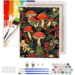 Lxmsja Red Mushroom Paint بواسطة أرقام أرقام للبالغين ، وطلاء أكريليك الغابات بأرقام للبالغين المبتدئين ، ومخطوطات الطلاء بالزيت DIY لديكور الجدار المنزلي 12x16 بوصة (مؤطرة)