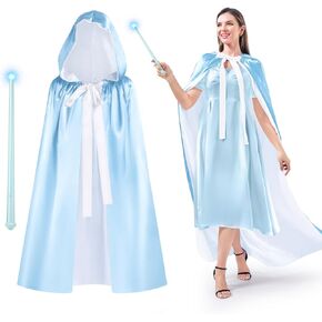 Haysandy Blue Fairy Hooded Cloak Costume and Magic Wand, Polyester Cape Cosplay Cloak Princess Costume for Women