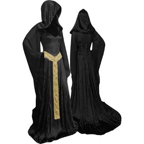 Women's Medieval Lace-up Vintage Hooded Cloak Robe Adult Costume Retro Cosplay Long Dress Halloween Party Costume