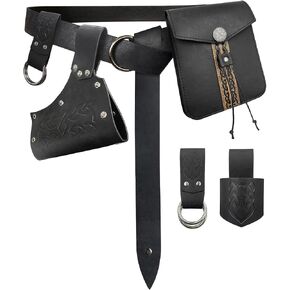 HiiFeuer 5 Pieces Medieval Belt Costume Accessories with Belt Bag, Renaissance Skirt Hike Viking Horn Belt Holster Dagger Holster Sword Frog