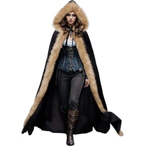 Joukavor Viking Fur Cloak Cloak Medieval Velvet Cape with Hood for Halloween