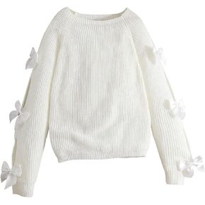 SHENHE Girl's Cute Bow Sweater Knitted Hollow Out Long Sleeve Crewneck Sweater Jumper