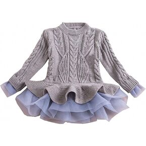 Generic Girls Ruffle Sweater Long Sleeves Tutu Dresses Stitching Knitting Pullover Tops for Kids (Gray,120)