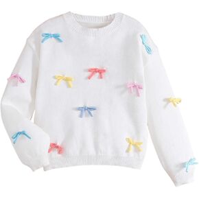 WDIRARA Girl's Cute Bow Appliques Sweater Crew Neck Long Sleeve Pullover Knitwear