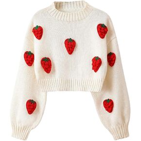 MakeMeChic Girl's Strawberry Crew Neck Sweater Long Sleeve Knit Cute Sweaters Pullover Top
