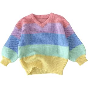 WDIRARA Toddler Girl's Rainbow Striped Sweater V Neck Long Sleeve Knit Top Cute Knitwear