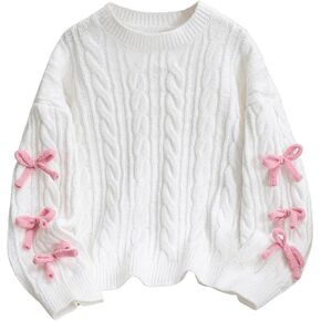 Girl's Bow Knot Cable Knit Sweaters Long Sleeve Crew Neck Soft Pullovers