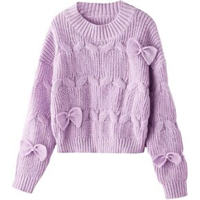 SweatyRocks Girl's Bow Sweater Crewneck Long Sleeve Crochet Ribbed Knit Pullover Tops