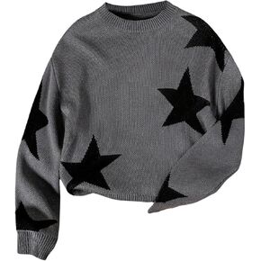 COZYEASE Girl's Star Graphic Sweaters Crew Neck Long Sleeve Knit Pullover Tops Casual Jumper Knitwear