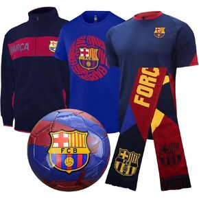 Icon Sports Officially Licensed FC Barcelona Ultimate Fan Pack, 5-Piece Soccer Set - Jacket, T-Shirts, Scarf & Soccer Ball