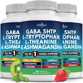 العصر الجديد GABA 750mg 5 HTP 200mg L Tryptophan 500mg l theanine 200mg Ashwagandha Sam-e-glycine-فيتامينات للنساء والرجال المصابين بـ L-tyrosine 5-HTP (5-hydroxytryptophan)-180 Count