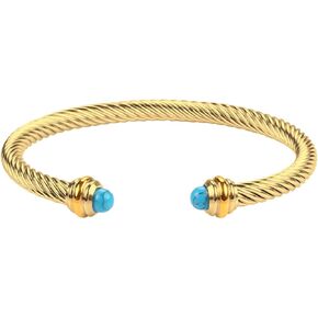14K Gold Plated Adjustable Twist Stainless Steel Cable Wire Turquoise Charm Bracelets Friendship Open Bangle Wrist Cuff for Women Men