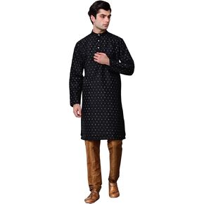 SKAVIJ Men's Art Silk Printed Kurta Pajama Set Ethnic Motifs Block Print Festive Party Dress