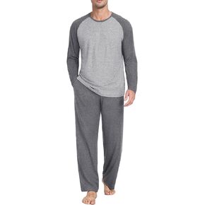 PrinStory Men's Pajama Set Sleepwear Pjs Lightweight Long Sleeve Crewneck Shirts and Bottoms Soft Comfy Sleep Sets
