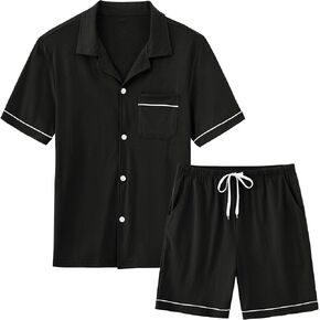 MoFiz Men's Cotton Pajamas Sets Sleepwear Short Sleeve Button Down Shirt and Pants Loungewear Soft Pjs Lounge Set