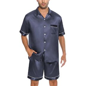 SWOMOG Men Silk Satin Pajamas Short Sleeve Pjs Set Button Down Sleepwear Soft Lounge Set Nightwear with Pockets