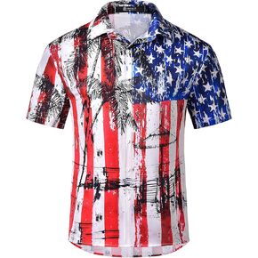 Men's American Flag Hawaiian Shirt Patriotic Short Sleeve Button Down Shirts 4th of July Summer Beach Aloha Outfit