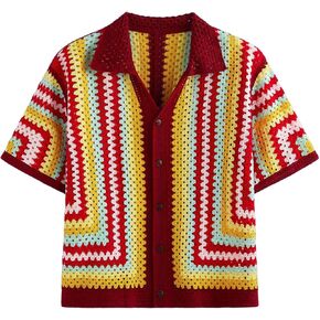 Men's Striped Knit Shirts Short Sleeve Button Down Shirt Crochet Hollow Out Summer Beach Top Vintage Vacation Wear