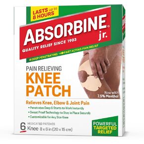 Absorbine Jr. Knee Pain Relief Patches, Fast Acting Pain Patch with Menthol for Knee Pain, Muscle Cramps and Joint Pain, 12 Hours of Long Lasting Relief with Sweat Proof Technology, 6 Count