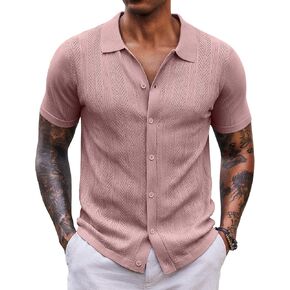 COOFANDY Mens Knit Button Down Shirts Short Sleeve Vintage Polo Shirt Casual Vacation Beach Shirts