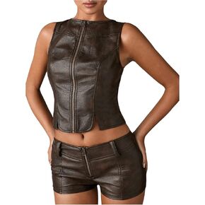SHENHE Women's PU Leather Zip Up Crop Vest Top Sleeveless Crew Neck Slim Fit Jacket Vest