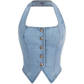 SHENHE Women's Denim Tops Y2K Halter Button Up Strapless Jean Vest Western Going Out Crop Top in Kuwait
