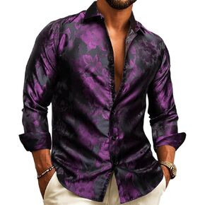 Barry.Wang Men's Silk Shirts Button Down Dress Shirt for Men Satin Paisley Floral Long Sleeve Cowboy Casual Mexico Shirts