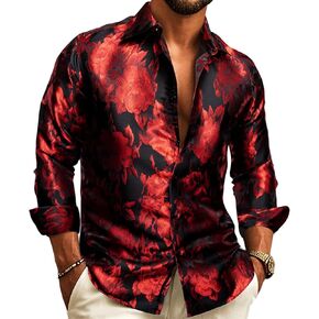 Barry.Wang Men's Silk Shirts Button Down Dress Shirt for Men Satin Paisley Floral Long Sleeve Cowboy Casual Mexico Shirts in Kuwait