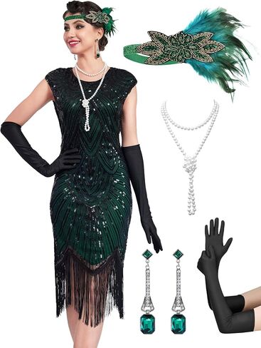 Women's Flapper Dresses 1920s Dresses for Women Great Gatsby Sequin Fringed Roaring 20s with 20s Accessories Set in Saudi Arabia