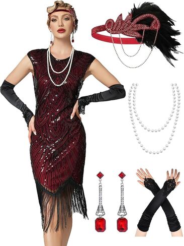 Women's Flapper Dresses 1920s Dresses for Women Great Gatsby Sequin Fringed Roaring 20s with 20s Accessories Set in Saudi Arabia