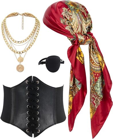 Kasahara 4 PCS Pirate Assume Assumeory Women Pirate Hat Head Chickband Wrapp Wrap Pirate Corset Belt Eye Patch Netclace in Kuwait