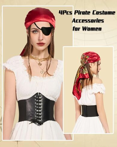 Kasahara 4 PCS Pirate Assume Assumeory Women Pirate Hat Head Chickband Wrapp Wrap Pirate Corset Belt Eye Patch Netclace in Kuwait