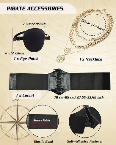 Kasahara 4 PCS Pirate Assume Assumeory Women Pirate Hat Head Chickband Wrapp Wrap Pirate Corset Belt Eye Patch Netclace in Kuwait