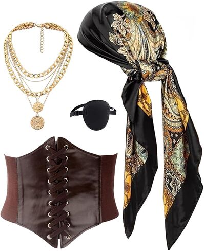 Kasahara 4 PCS Pirate Assume Assumeory Women Pirate Hat Head Chickband Wrapp Wrap Pirate Corset Belt Eye Patch Netclace in Kuwait