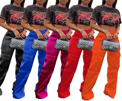 Women Satin Cargo Pants High Waisted Straight Wide Leg Casual Pants Multi Pockets Club Y2k Trousers in Saudi Arabia