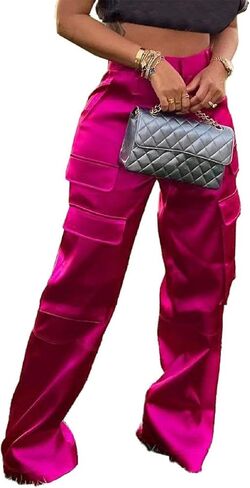 Women Satin Cargo Pants High Waisted Straight Wide Leg Casual Pants Multi Pockets Club Y2k Trousers in Saudi Arabia