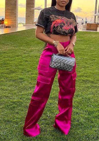 Women Satin Cargo Pants High Waisted Straight Wide Leg Casual Pants Multi Pockets Club Y2k Trousers in Saudi Arabia