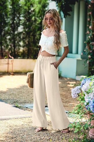 Women's High Waisted Wide Leg Pants Flowy Palazzo Pants Work Casual Tie Knot Pants with Pockets in Saudi Arabia