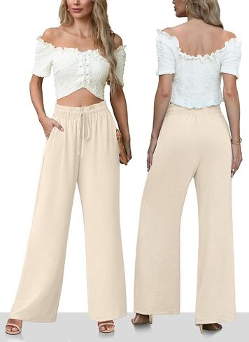 Women's High Waisted Wide Leg Pants Flowy Palazzo Pants Work Casual Tie Knot Pants with Pockets in Saudi Arabia