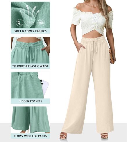 Women's High Waisted Wide Leg Pants Flowy Palazzo Pants Work Casual Tie Knot Pants with Pockets in Saudi Arabia