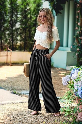 Women's High Waisted Wide Leg Pants Flowy Palazzo Pants Work Casual Tie Knot Pants with Pockets in Saudi Arabia