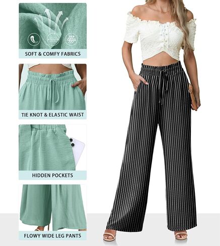 Women's High Waisted Wide Leg Pants Flowy Palazzo Pants Work Casual Tie Knot Pants with Pockets in Saudi Arabia