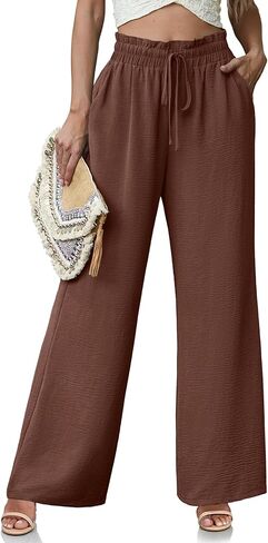 Women's High Waisted Wide Leg Pants Flowy Palazzo Pants Work Casual Tie Knot Pants with Pockets in Kuwait