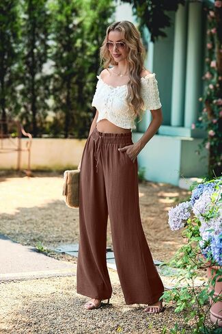 Women's High Waisted Wide Leg Pants Flowy Palazzo Pants Work Casual Tie Knot Pants with Pockets in Kuwait