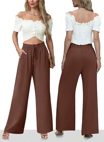 Women's High Waisted Wide Leg Pants Flowy Palazzo Pants Work Casual Tie Knot Pants with Pockets in Kuwait